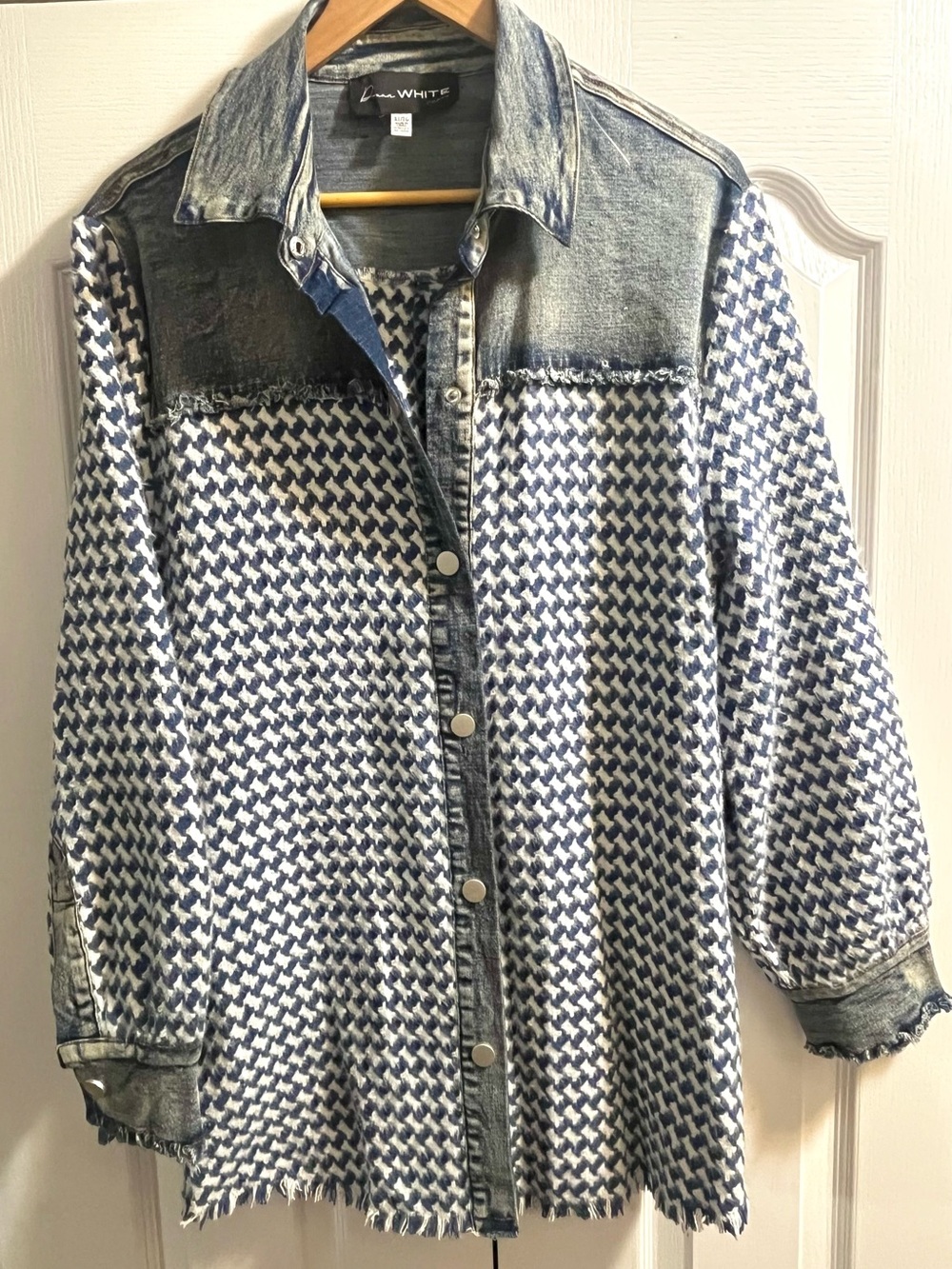 Donna White - Blue & White Houndstooth Denim Patchwork Shacket XL